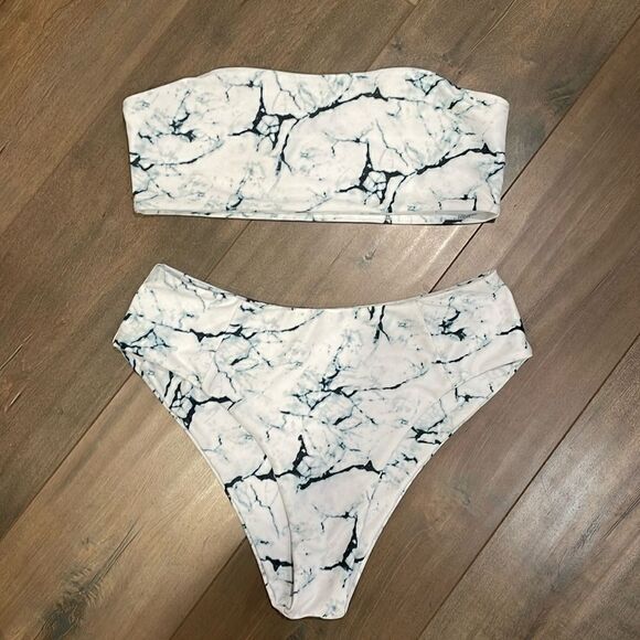ZAFUL Marble Print High Waisted Bandeau Bikini Set | white | size M - Picture 3 of 7
